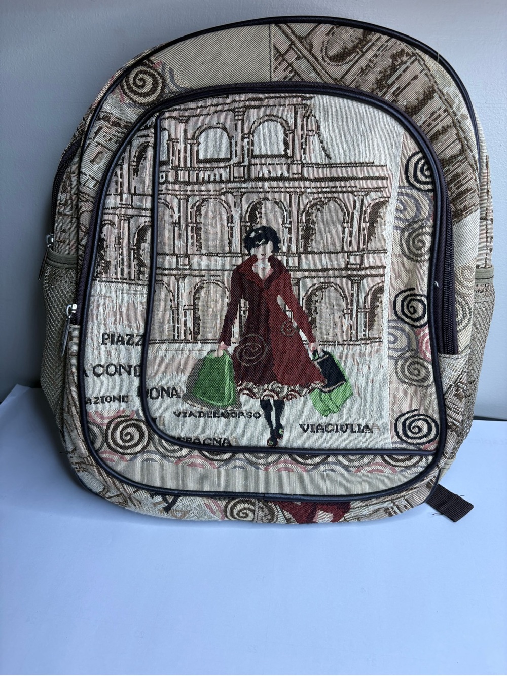 Stylish Beige Tapestry Traveler Backpack with Green Accents